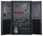 Open doors reveal a 48 Quantum Heavy-Duty Bin Cabinet with punched panels, containing 64 QUS210 black bins. Inside, wrenches and screwdrivers are neatly organized, with a red toolbox and drum container stored at the bottom. Its crafted from 14-gauge all-welded construction for durability.