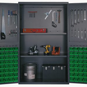 The Quantum Heavy-Duty 48 Bin Cabinet features pegboard doors displaying hand tools like wrenches, pliers, and a saw. With 14-gauge all-welded construction, it holds a drill and sander on adjustable shelves. It includes punched panels and 64 QUS210 green bins, with a toolbox on the bottom shelf.