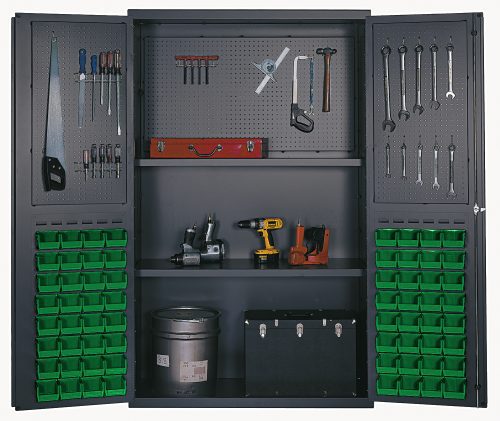 QSC-4805_GN.jpg The Quantum Heavy-Duty 48 Bin Cabinet features pegboard doors displaying hand tools like wrenches, pliers, and a saw. With 14-gauge all-welded construction, it holds a drill and sander on adjustable shelves. It includes punched panels and 64 QUS210 green bins, with a toolbox on the bottom shelf.