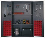 The Quantum Heavy-Duty 48 Bin Cabinet features open doors that reveal its versatility with pegboard-hung tools, punched panels on the inside rear wall and doors, (64) QUS210 red bins, and a 400 lb. capacity per shelf for organized storage of power tools and a black toolbox.