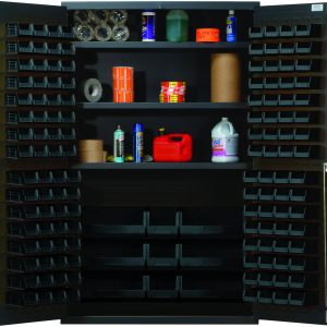 Quantum Heavy-Duty 48 Bin Cabinet features an all-welded 14-gauge construction with three adjustable shelves. Top holds tape rolls and blue jars, middle has spray cans, red/orange bottles, paper towels, lower include jugs/QUS210 bins. Doors have small black bins. Cabinet measures 48W X 24D X 78H.