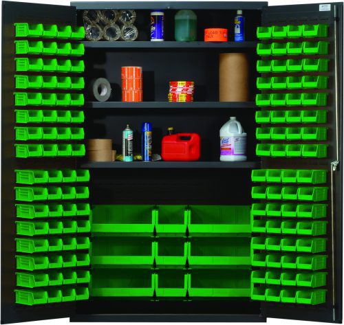 The Quantum Heavy-Duty 48 Bin Cabinet features a robust 14-gauge all-welded construction, includes three adjustable shelves, each with a 400 lb. capacity, and comes with green bins for organizing supplies like cleaning items and spray cans. It has a gray powder-coated finish.
