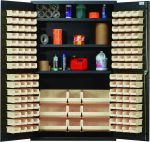 Inside the Quantum Heavy-Duty 48 Bin Cabinet, with its all-welded 14-gauge construction, three adjustable shelves hold items like tapes and sprays. The cabinet features neatly arranged ivory bins inside beige finished doors, offering durable organization for various tools and supplies.