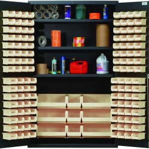 Inside the Quantum Heavy-Duty 48 Bin Cabinet, with its all-welded 14-gauge construction, three adjustable shelves hold items like tapes and sprays. The cabinet features neatly arranged ivory bins inside beige finished doors, offering durable organization for various tools and supplies.