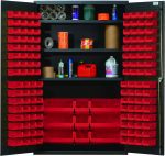 A Quantum Heavy-Duty 48 Bin Cabinet, with a sleek gray powder-coated finish, houses open doors revealing 64 Qus210, 64 Qus220, 3 Qus240, and 6 Qus250 red bins on three adjustable shelves. Its perfect for organizing cleaning supplies and other items within its sturdy all-welded construction.