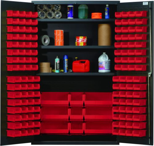 QSC-48S_RD.jpg A Quantum Heavy-Duty 48 Bin Cabinet, with a sleek gray powder-coated finish, houses open doors revealing 64 Qus210, 64 Qus220, 3 Qus240, and 6 Qus250 red bins on three adjustable shelves. Its perfect for organizing cleaning supplies and other items within its sturdy all-welded construction.