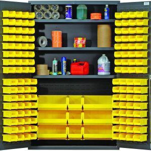 The 48W x 24D x 78H Quantum Heavy-Duty Bin Cabinet shows yellow bins on sturdy, adjustable 14-gauge shelves with a 400 lb. capacity each. Inside, using the QUS210 system, tape, bottles, cans, and a red container are neatly organized among the Qus210-250 bins in its gray powder-coated finish.