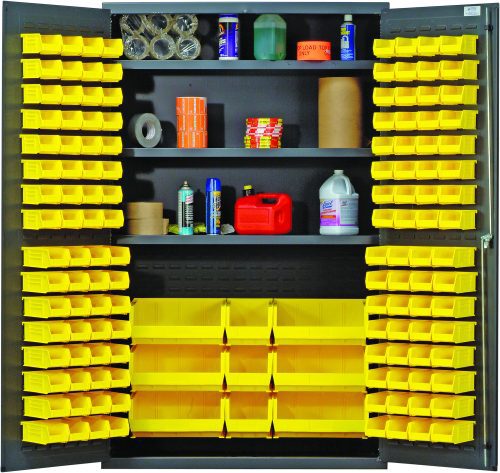 The 48W x 24D x 78H Quantum Heavy-Duty Bin Cabinet shows yellow bins on sturdy, adjustable 14-gauge shelves with a 400 lb. capacity each. Inside, using the QUS210 system, tape, bottles, cans, and a red container are neatly organized among the Qus210-250 bins in its gray powder-coated finish.