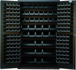 The Quantum Heavy-Duty 48 Bin Cabinet, measuring 48W x 24D x 78H, features a gray powder-coated finish with a robust 14 gauge all welded construction. It includes (64) Qus210, (64) Qus220, (24) Qus230, (13) Qus240, and (6) Qus250 black bins for organized storage.