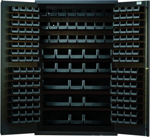 QSC-48_BK.jpg The Quantum Heavy-Duty 48 Bin Cabinet, measuring 48W x 24D x 78H, features a gray powder-coated finish with a robust 14 gauge all welded construction. It includes (64) Qus210, (64) Qus220, (24) Qus230, (13) Qus240, and (6) Qus250 black bins for organized storage.