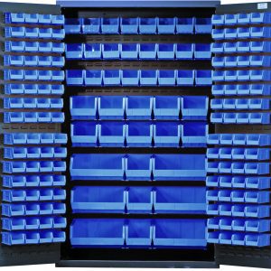 The Quantum Heavy-Duty 48 Bin Cabinet with open doors reveals neatly arranged blue bins: (64) QUS210, (64) QUS220, (24) QUS230, (13) QUS240, and (6) QUS250. Constructed from 14-gauge welded steel with a gray powder-coated finish, its perfect for organizing small to medium items in workshops or garages.