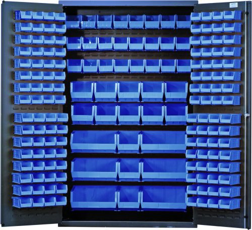 QSC-48_BL.jpg The Quantum Heavy-Duty 48 Bin Cabinet with open doors reveals neatly arranged blue bins: (64) QUS210, (64) QUS220, (24) QUS230, (13) QUS240, and (6) QUS250. Constructed from 14-gauge welded steel with a gray powder-coated finish, its perfect for organizing small to medium items in workshops or garages.