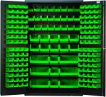 A large Quantum Heavy-Duty Cabinet, 48W x 24D x 78H with a gray powder-coated finish and robust 14-gauge all-welded construction, stands open to reveal an array of QUS220 green bins among others, neatly distributed across its shelves.