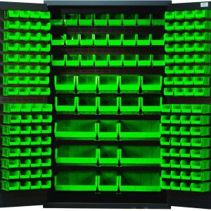 A large Quantum Heavy-Duty Cabinet, 48W x 24D x 78H with a gray powder-coated finish and robust 14-gauge all-welded construction, stands open to reveal an array of QUS220 green bins among others, neatly distributed across its shelves.