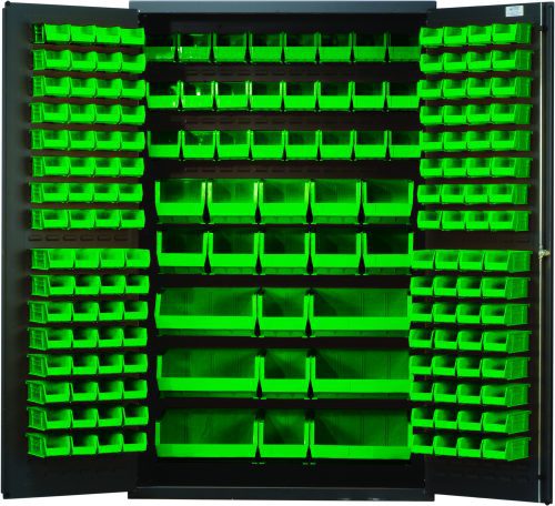 QSC-48_GN.jpg A large Quantum Heavy-Duty Cabinet, 48W x 24D x 78H with a gray powder-coated finish and robust 14-gauge all-welded construction, stands open to reveal an array of QUS220 green bins among others, neatly distributed across its shelves.