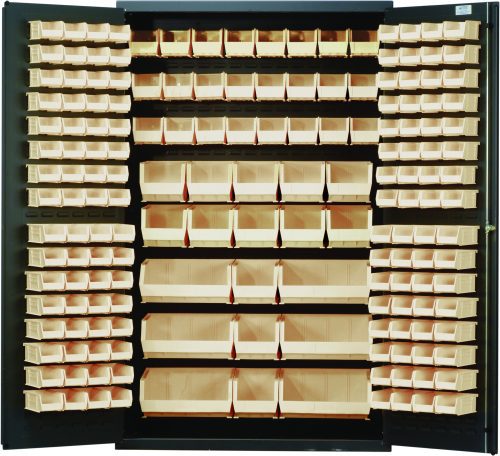 The Quantum Heavy-Duty 48 Bin Cabinet, with a 14 gauge all-welded construction and gray powder-coated finish, measures 48W x 24D x 78H. It features open doors revealing rows of ivory bins: (64) QUS210, (64) QUS220, (24) QUS230, (13) QUS240, and (6) QUS250 for optimal organization.