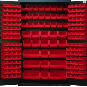 The Quantum Heavy-Duty 48 Bin Cabinet, measuring 48W x 24D x 78H with a 14-gauge all-welded construction and gray powder-coated finish, opens to show organized red bins: (64) Qus210, (64) Qus220, (24) Qus230, (13) Qus240, and (6) Qus250.