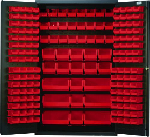 The Quantum Heavy-Duty 48 Bin Cabinet, measuring 48W x 24D x 78H with a 14-gauge all-welded construction and gray powder-coated finish, opens to show organized red bins: (64) Qus210, (64) Qus220, (24) Qus230, (13) Qus240, and (6) Qus250.