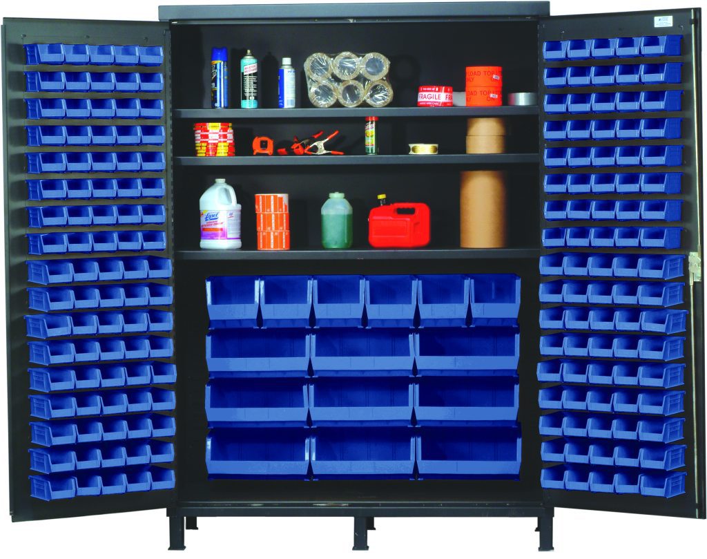 Gray 60 inch bin cabinet with doors open showing 185 blue bins and three adjustable shelves