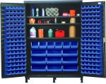 The Quantum Heavy-Duty Bin Cabinet features 14 gauge all-welded construction, measuring 60W x 24D x 84H. With a gray powder-coated finish, it includes three adjustable shelves and blue bins: (80) QUS210, (90) QUS220, (6) QUS240, and (9) QUS250 for organized storage of various supplies.