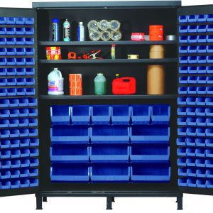 The Quantum Heavy-Duty Bin Cabinet features 14 gauge all-welded construction, measuring 60W x 24D x 84H. With a gray powder-coated finish, it includes three adjustable shelves and blue bins: (80) QUS210, (90) QUS220, (6) QUS240, and (9) QUS250 for organized storage of various supplies.
