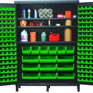The Quantum Heavy-Duty 60 Bin Cabinet features 14-gauge all-welded construction with a gray powder-coated finish. It offers a 500 lb. capacity per interior shelf and includes three adjustable shelves filled with spray cans, tapes, and bottles, plus various small Qus210 bins on the doors and larger Qus240 and Qus250 bins below.