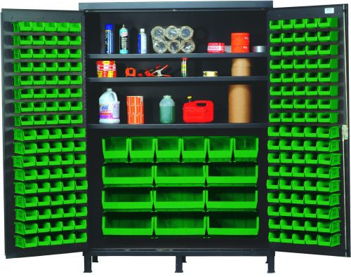 QSC-60S_GN.jpg The Quantum Heavy-Duty 60 Bin Cabinet features 14-gauge all-welded construction with a gray powder-coated finish. It offers a 500 lb. capacity per interior shelf and includes three adjustable shelves filled with spray cans, tapes, and bottles, plus various small Qus210 bins on the doors and larger Qus240 and Qus250 bins below.