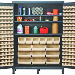 The Quantum Heavy-Duty 60 Bin Cabinet, with 14 gauge all welded construction, features large interior shelves and beige bins at the center. The inside doors house (80) QUS210 small bins, while sprays, tapes, and containers are displayed on top shelves. It’s gray powder-coated for durability.