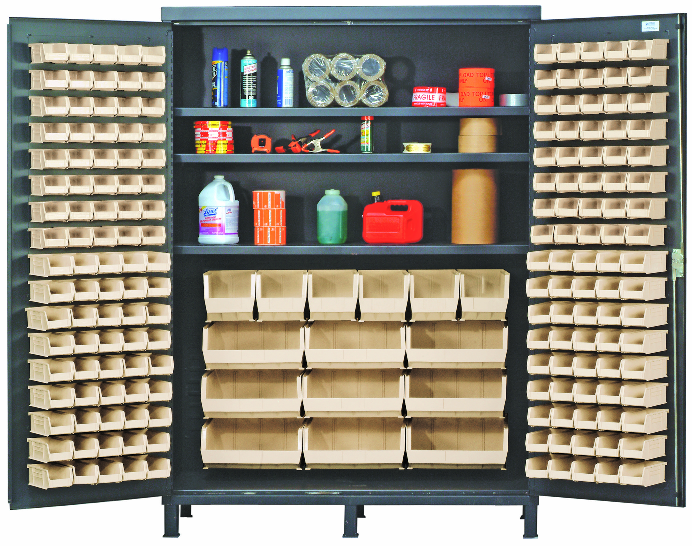 Heavy-Duty 60" Bin Cabinet, 60"W X 24"D X 84"H, 500 Lb. Capacity Per Interior Shelf, 14 Gauge All Welded Construction, Includes: (3) Adjustable Shelves, (80) QUS210, (90) QUS220, (6) QUS240 And (9) QUS250 Ivory Bins, Gray Powder-Coated Finish