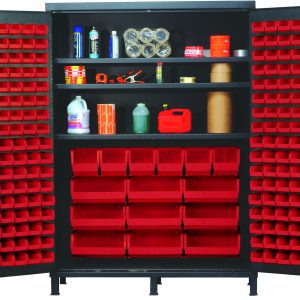 The Quantum Heavy-Duty 60 Bin Cabinet, with open doors, showcases its practical design and a gray powder-coated finish. It features 80 QUS210 bins for spray cans and bottles, along with other bin sizes on adjustable shelves, all supporting up to 500 lbs each.