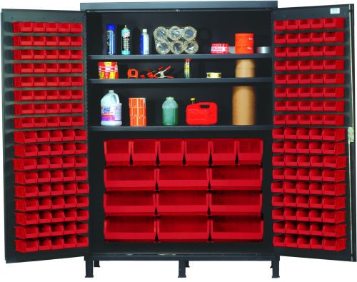 The Quantum Heavy-Duty 60 Bin Cabinet, with open doors, showcases its practical design and a gray powder-coated finish. It features 80 QUS210 bins for spray cans and bottles, along with other bin sizes on adjustable shelves, all supporting up to 500 lbs each.
