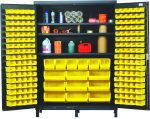 The Quantum Heavy-Duty 60 Bin Cabinet, measuring 60W x 24D x 84H and featuring a 500 lb. capacity per shelf with all-welded, gray powder-coated construction, is open to reveal its durable design filled with yellow QUS210 bins and various supplies on the top shelf.