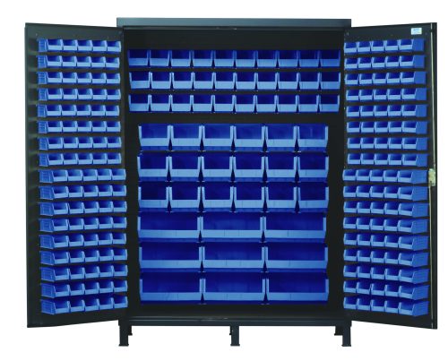 QSC-60_BL.jpg The Quantum Heavy-Duty 60 Bin Cabinet, measuring 60W x 24D x 84H and made from 14 gauge all welded construction, features wide-open doors revealing an organized array of blue plastic bins—QUS220 and QUS230 among others—perfect for organizing small items or tools. Its finish is gray powder-coated.