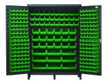 The Quantum Heavy-Duty 60 Bin Cabinet, with a gray powder-coated finish and sturdy 14-gauge all-welded construction, measures 60W x 24D x 84H. It includes (90) QUS220 small green bins arranged inside, plus additional QUS210, QUS230, QUS240, and QUS250 bins for efficient tool organization.