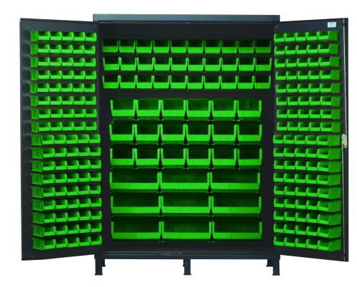 The Quantum Heavy-Duty 60 Bin Cabinet, with a gray powder-coated finish and sturdy 14-gauge all-welded construction, measures 60W x 24D x 84H. It includes (90) QUS220 small green bins arranged inside, plus additional QUS210, QUS230, QUS240, and QUS250 bins for efficient tool organization.