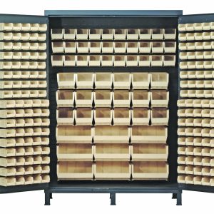 The Quantum Heavy-Duty 60 Bin Cabinet features 14-gauge all-welded construction with a gray powder-coated finish, includes 80 QUS210 bins among other sizes, and interior door panels for efficient small item storage and organization.