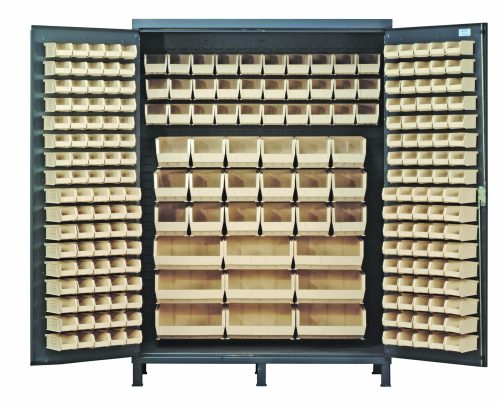 QSC-60_IV.jpg The Quantum Heavy-Duty 60 Bin Cabinet features 14-gauge all-welded construction with a gray powder-coated finish, includes 80 QUS210 bins among other sizes, and interior door panels for efficient small item storage and organization.