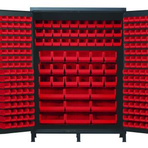 The Quantum Heavy-Duty 60 Bin Cabinet, measuring 60W x 24D x 84H, in a gray powder-coated finish, displays open doors with organized rows of red bins: (80) QUS210, (90) QUS220, (30) QUS230, (18) QUS240, and (9) QUS250—ideal for sorting small parts or tools efficiently.