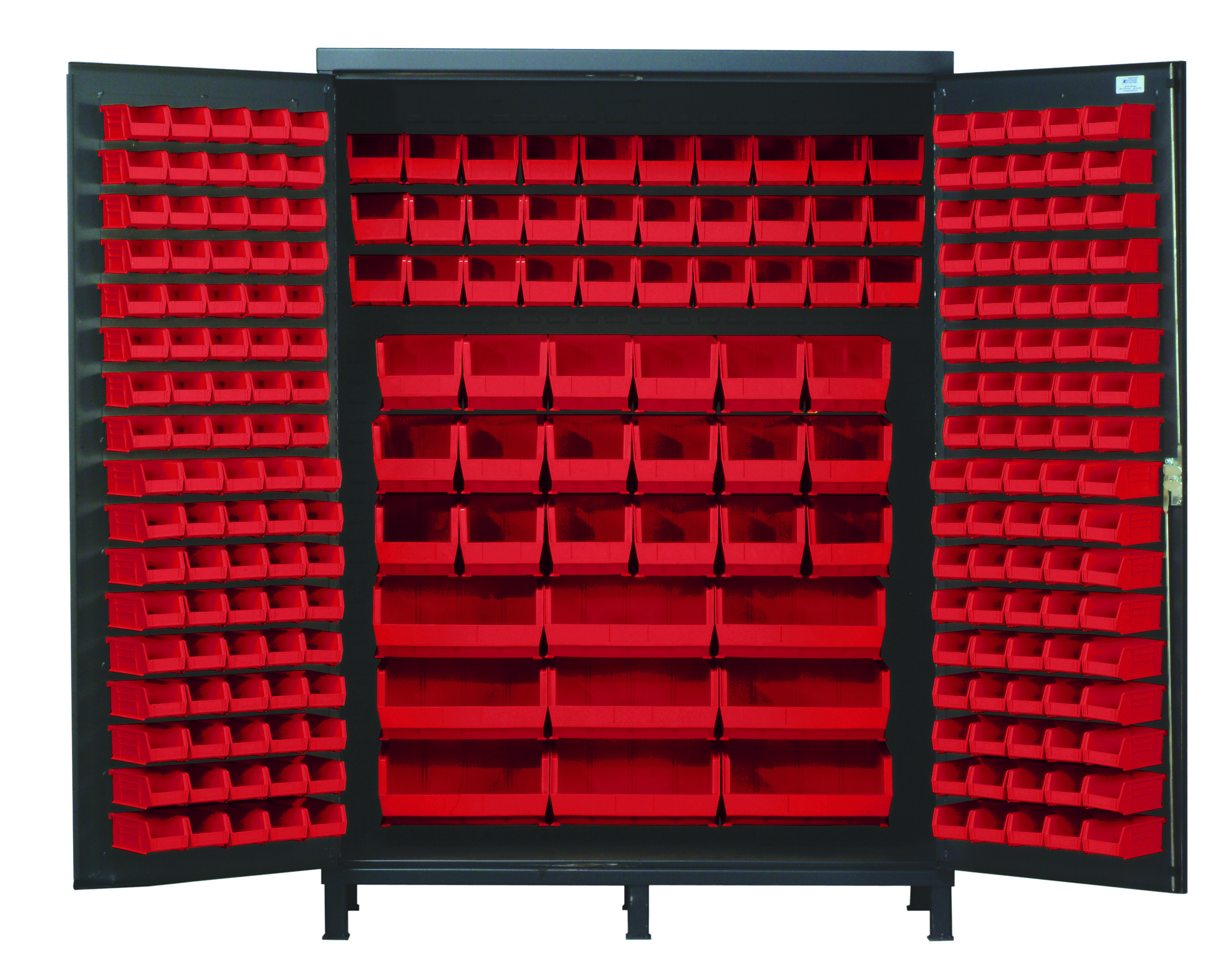Heavy-Duty 60" Bin Cabinet, 60"W X 24"D X 84"H, 14 Gauge All Welded Construction, Includes: (80) QUS210, (90) QUS220, (30) QUS230, (18) QUS240 And (9) QUS250 Red Bins, Gray Powder-Coated Finish