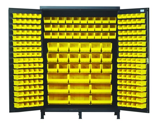 The Quantum Heavy-Duty 60 Bin Cabinet, measuring 60W x 24D x 84H, features a sturdy all-welded design with a gray powder-coated finish. Its open doors display arranged small items in (90) QUS220 yellow bins among others for efficient organization inside and on doors.