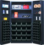 The Quantum Heavy-Duty 36 Bin Cabinet features a sturdy 36W x 24D x 72H gray powder-coated frame, with open doors revealing shelves stocked with spray cans and various items. Its lower section is complemented by rows of black storage bins, including (16) QUS236 and (16) QUS240 models.