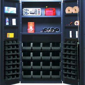 The Quantum Heavy-Duty 36 Bin Cabinet features a sturdy 36W x 24D x 72H gray powder-coated frame, with open doors revealing shelves stocked with spray cans and various items. Its lower section is complemented by rows of black storage bins, including (16) QUS236 and (16) QUS240 models.