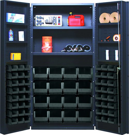 The Quantum Heavy-Duty 36 Bin Cabinet features a sturdy 36W x 24D x 72H gray powder-coated frame, with open doors revealing shelves stocked with spray cans and various items. Its lower section is complemented by rows of black storage bins, including (16) QUS236 and (16) QUS240 models.