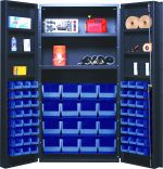 A gray Quantum Heavy-Duty 36 Bin Cabinet with open doors displays an organized array of tools, including a red gasoline container and brown rolls on shelves, each with an 800 lb. capacity. Featuring spray cans on door interiors, it includes 16 QUS236 and 16 QUS240 blue bins.