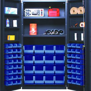A gray Quantum Heavy-Duty 36 Bin Cabinet with open doors displays an organized array of tools, including a red gasoline container and brown rolls on shelves, each with an 800 lb. capacity. Featuring spray cans on door interiors, it includes 16 QUS236 and 16 QUS240 blue bins.
