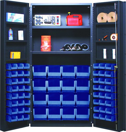 A gray Quantum Heavy-Duty 36 Bin Cabinet with open doors displays an organized array of tools, including a red gasoline container and brown rolls on shelves, each with an 800 lb. capacity. Featuring spray cans on door interiors, it includes 16 QUS236 and 16 QUS240 blue bins.