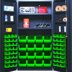 The Quantum Heavy-Duty 36 Bin Cabinet, measuring 36W x 24D x 72H, reveals organized storage with its open doors showing green bins for items like tools and fire extinguishers. With a durable 14 gauge all welded construction and a gray powder-coated finish, it supports up to 800 lbs per interior shelf.