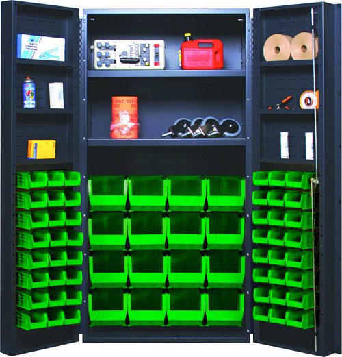 QSC-64-2S-6DS_GN.jpg The Quantum Heavy-Duty 36 Bin Cabinet, measuring 36W x 24D x 72H, reveals organized storage with its open doors showing green bins for items like tools and fire extinguishers. With a durable 14 gauge all welded construction and a gray powder-coated finish, it supports up to 800 lbs per interior shelf.