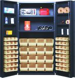 The Quantum Heavy-Duty 36 Bin Cabinet, 36W x 24D x 72H, with a gray powder-coated finish and sturdy all welded construction, reveals open doors showing a red gas can, electronics, manuals, spray cans, paper rolls, and various tools in (16) QUS236 and (16) QUS240 ivory bins.