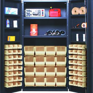 The Quantum Heavy-Duty 36 Bin Cabinet, 36W x 24D x 72H, with a gray powder-coated finish and sturdy all welded construction, reveals open doors showing a red gas can, electronics, manuals, spray cans, paper rolls, and various tools in (16) QUS236 and (16) QUS240 ivory bins.